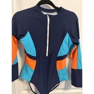 Women's Long Sleeve Rash Guard Swimsuit Colorblock Front Zip Navy Blue Orange L